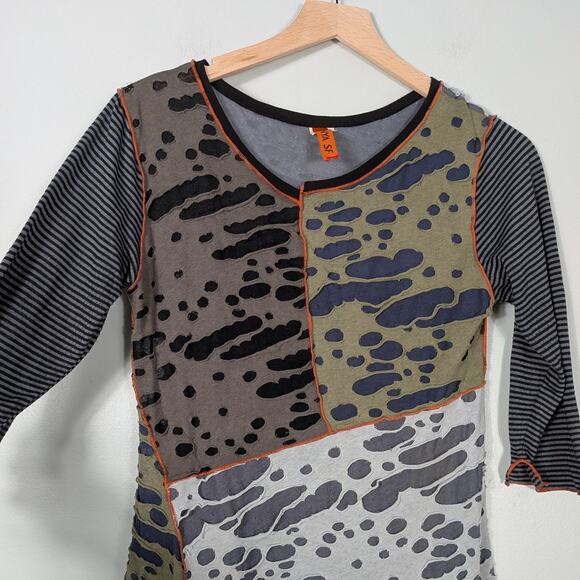 Vintage Tunic Top Patchwork Green Black Lagenlook Artsy Distressed Stripe Orange - Picture 9 of 12